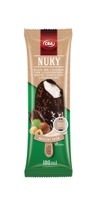 CBA NUKY. Mrazený krém s rastlinným tukom s lieskovoorieškovou príchuťou v kakaovej poleve s kúskami orieškov 100 ml